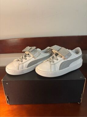 Puma Kids White Sneakers with Silver Glitter Strap